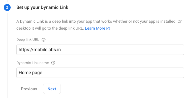Set up deep link for Dynamic link in firebase console